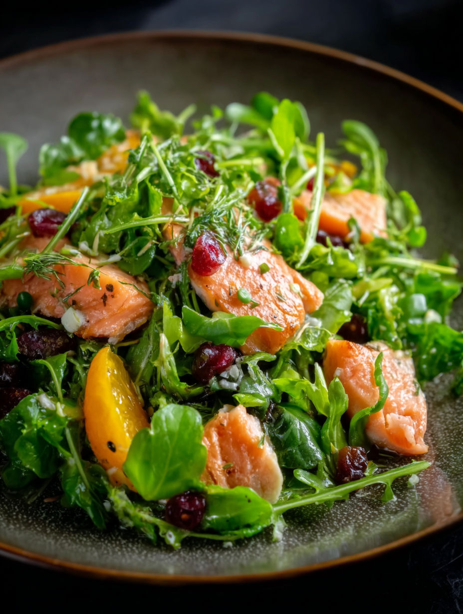 Salmon and watercress salad in a bowl.