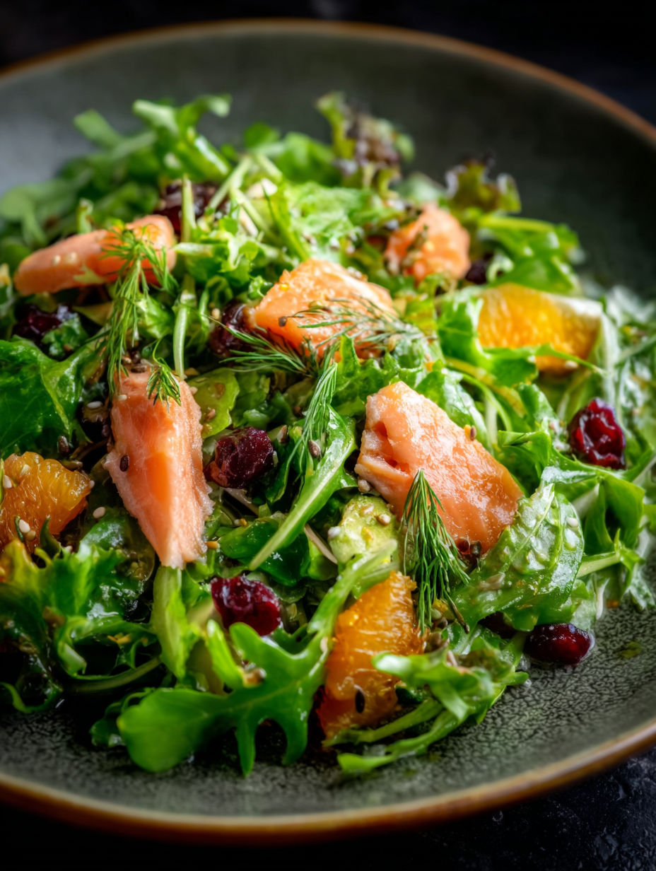 Salmon and watercress salad served in a bowl.