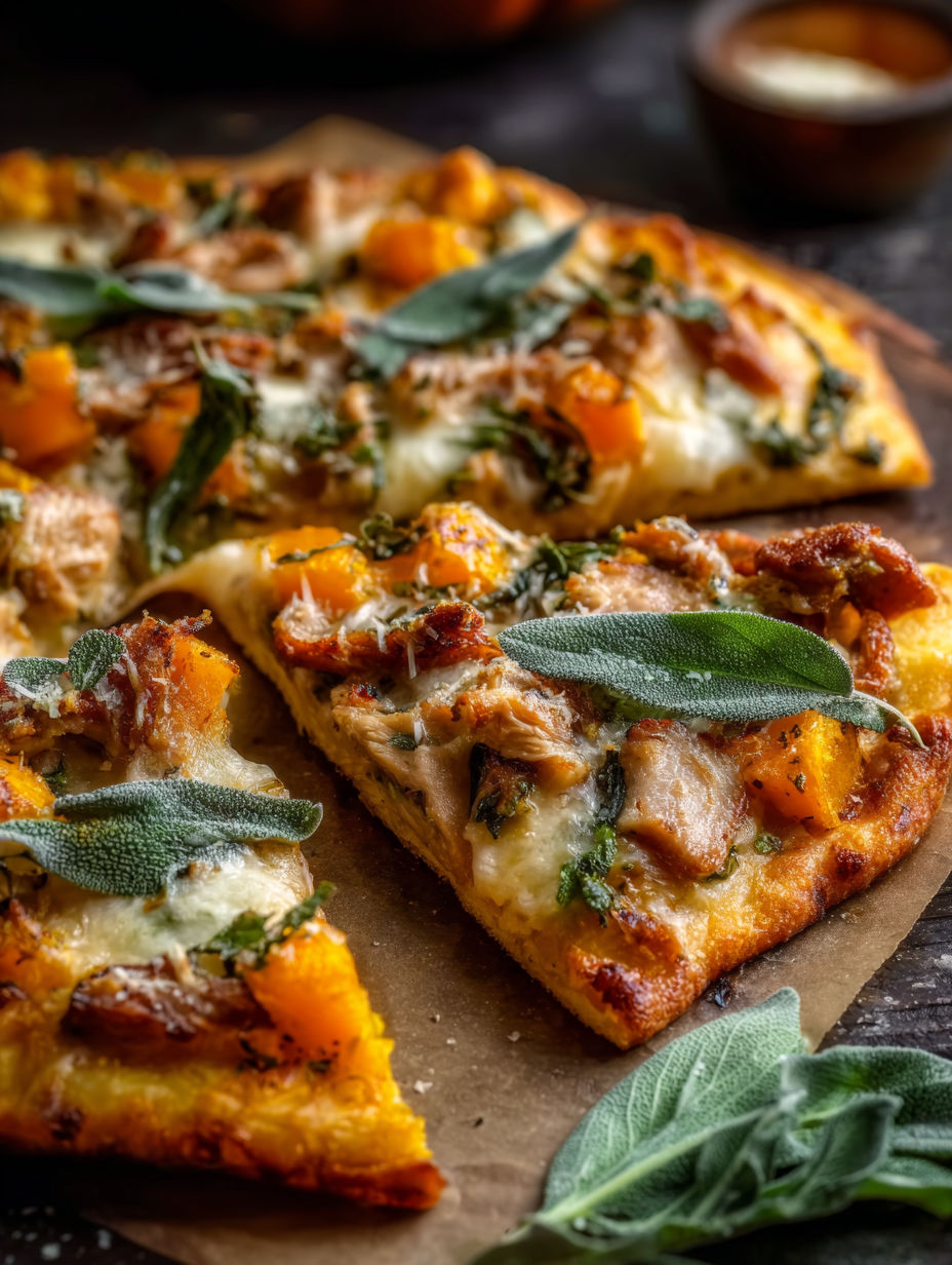 Pumpkin, turkey, and sage pizza fresh from the oven.