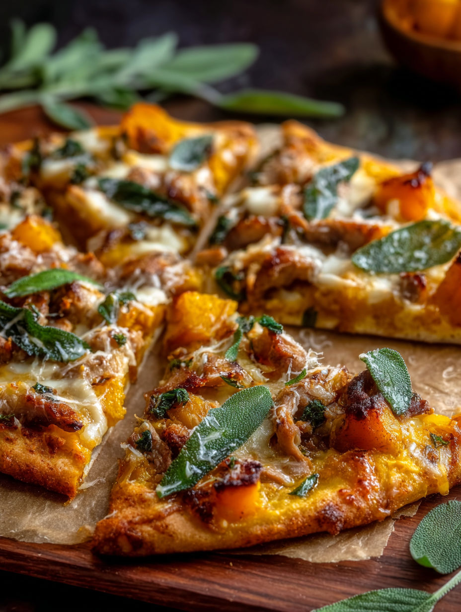 Close-up of a pumpkin pizza slice with turkey and sage.