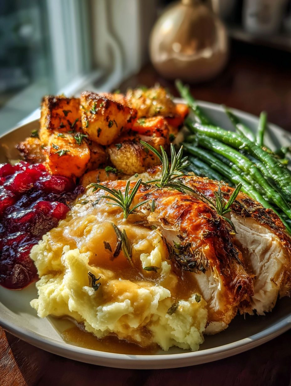 A plate of food with turkey, green beans, and potatoes.