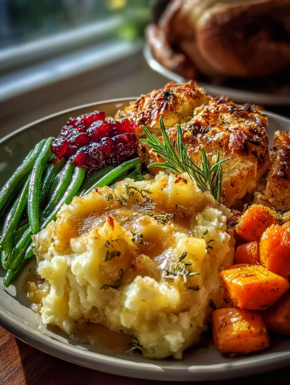 Plate showing stuffed turkey with green beans.