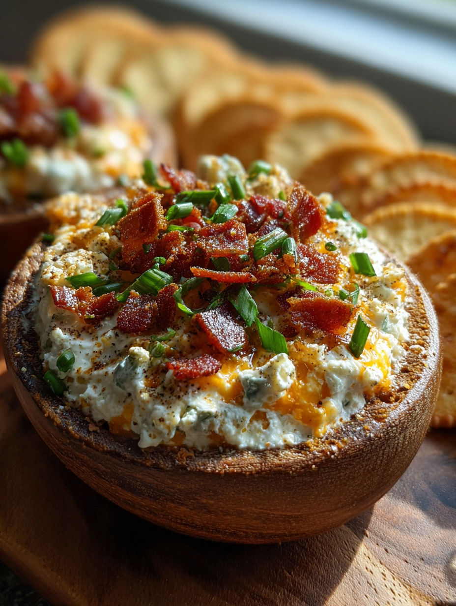 Cream cheese snack topped with bacon and chives.