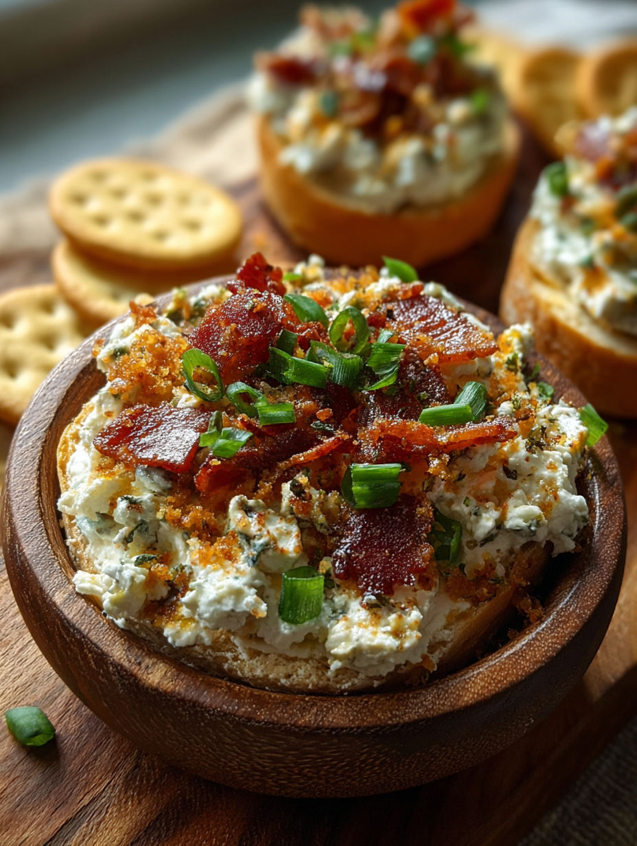 A cream cheese snack topped with bacon and green onions.