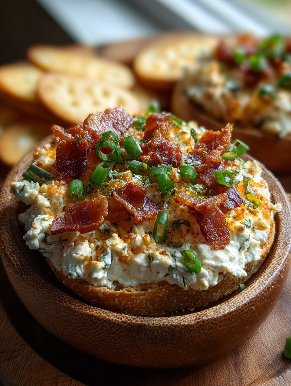 A cream cheese snack topped with bacon and green onions.