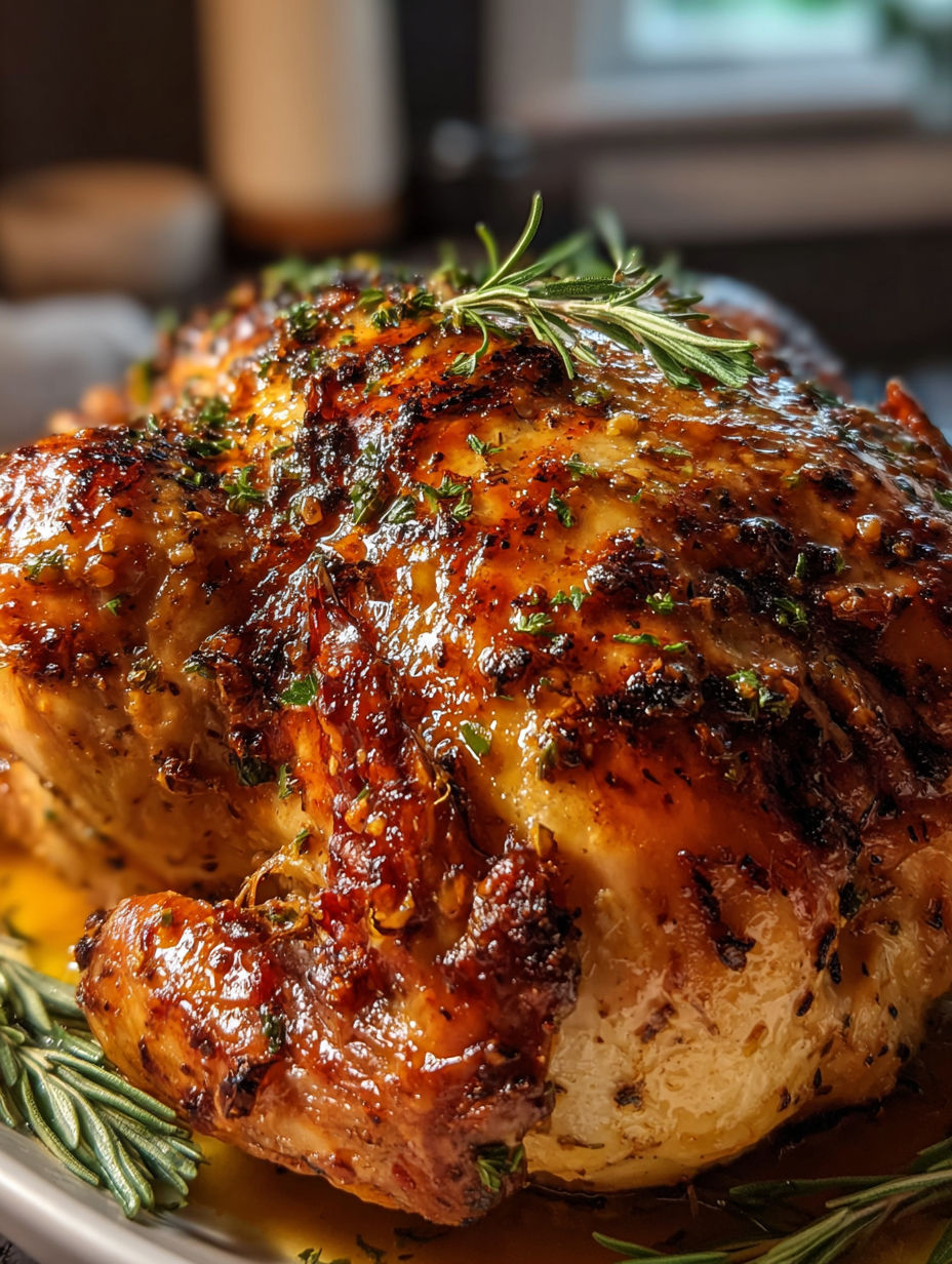 Close-up of a roasted turkey with herbs on top.