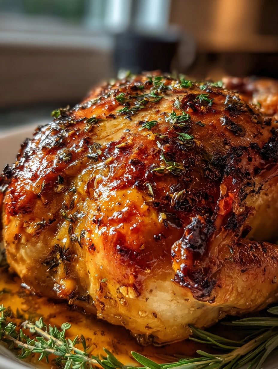 Close-up of roasted turkey seasoned with herbs and spices.