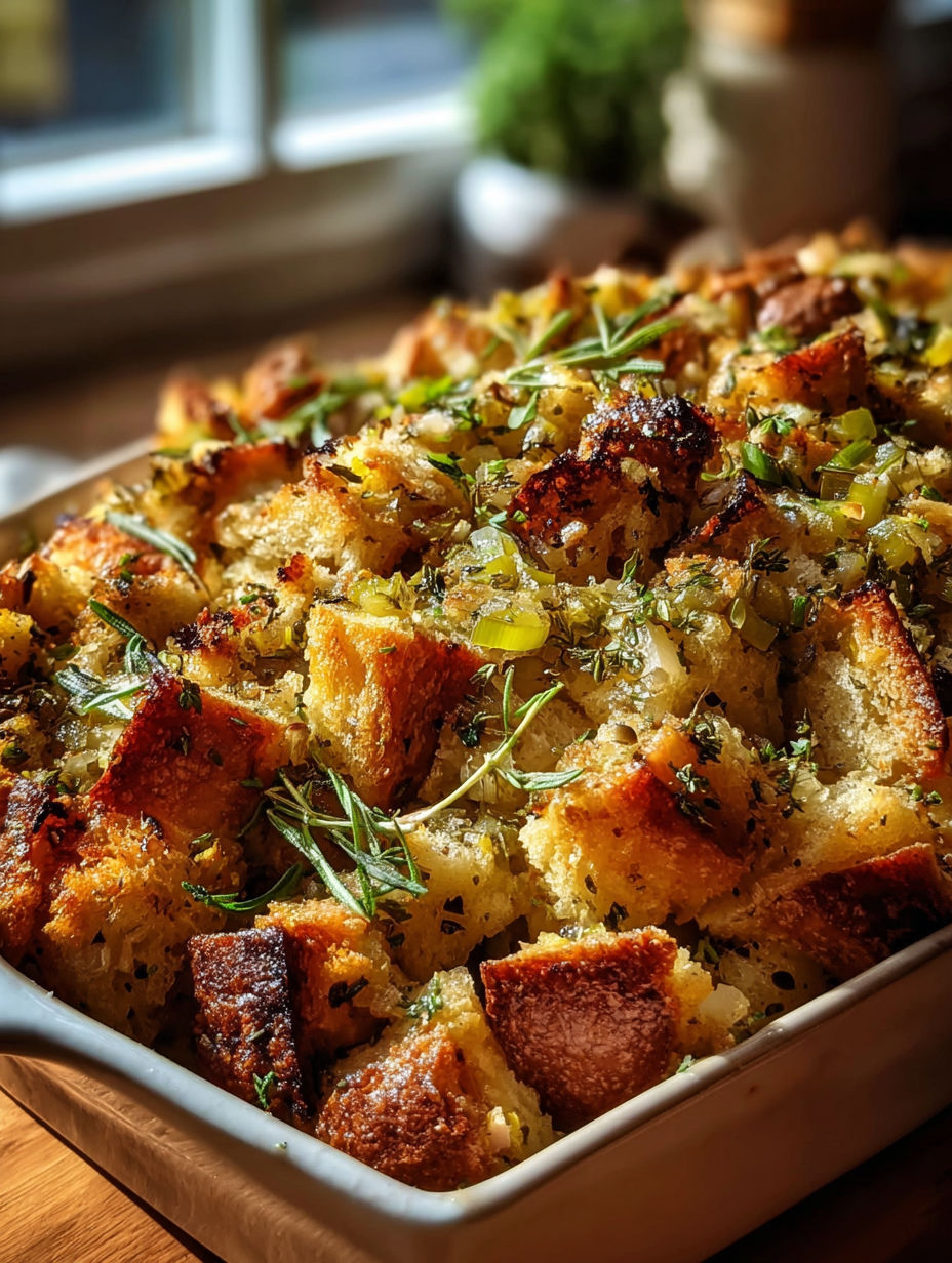 Herb-topped bread stuffing in a dish.