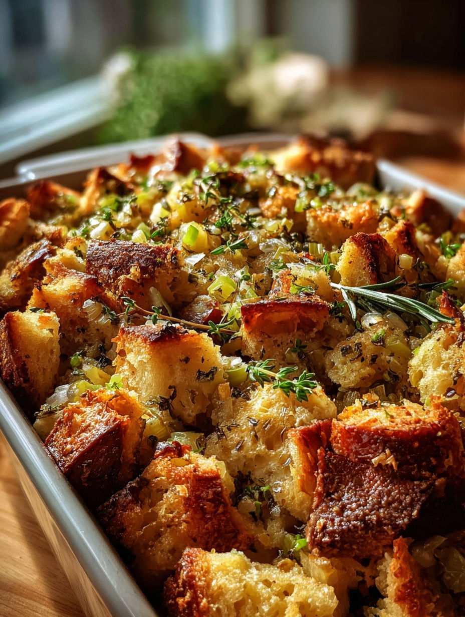 A dish of Thanksgiving dressing.