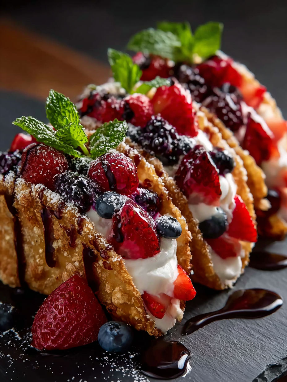Dessert featuring fresh berries and whipped cream.