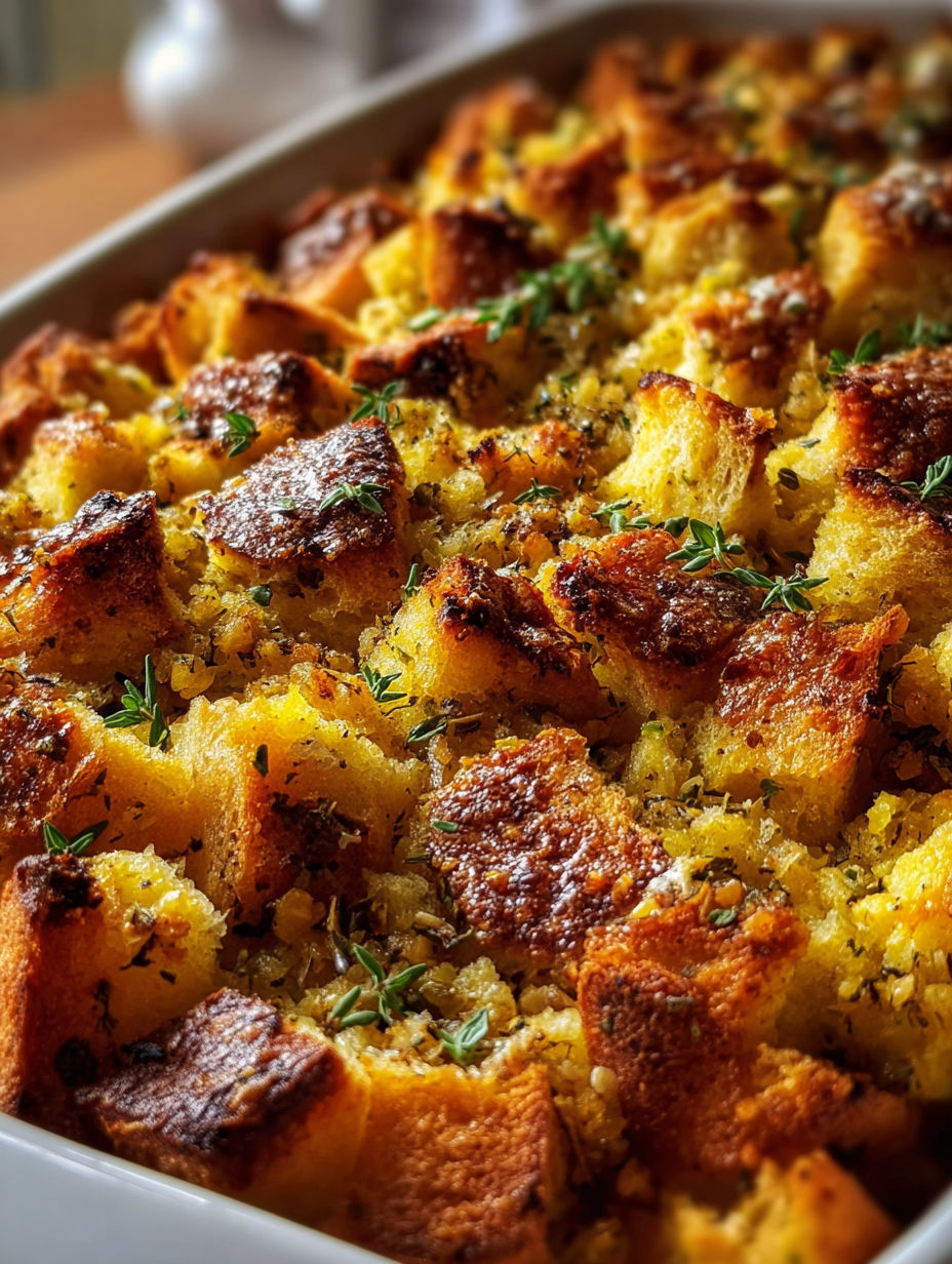 A close up of a delicious Thanksgiving stuffing.