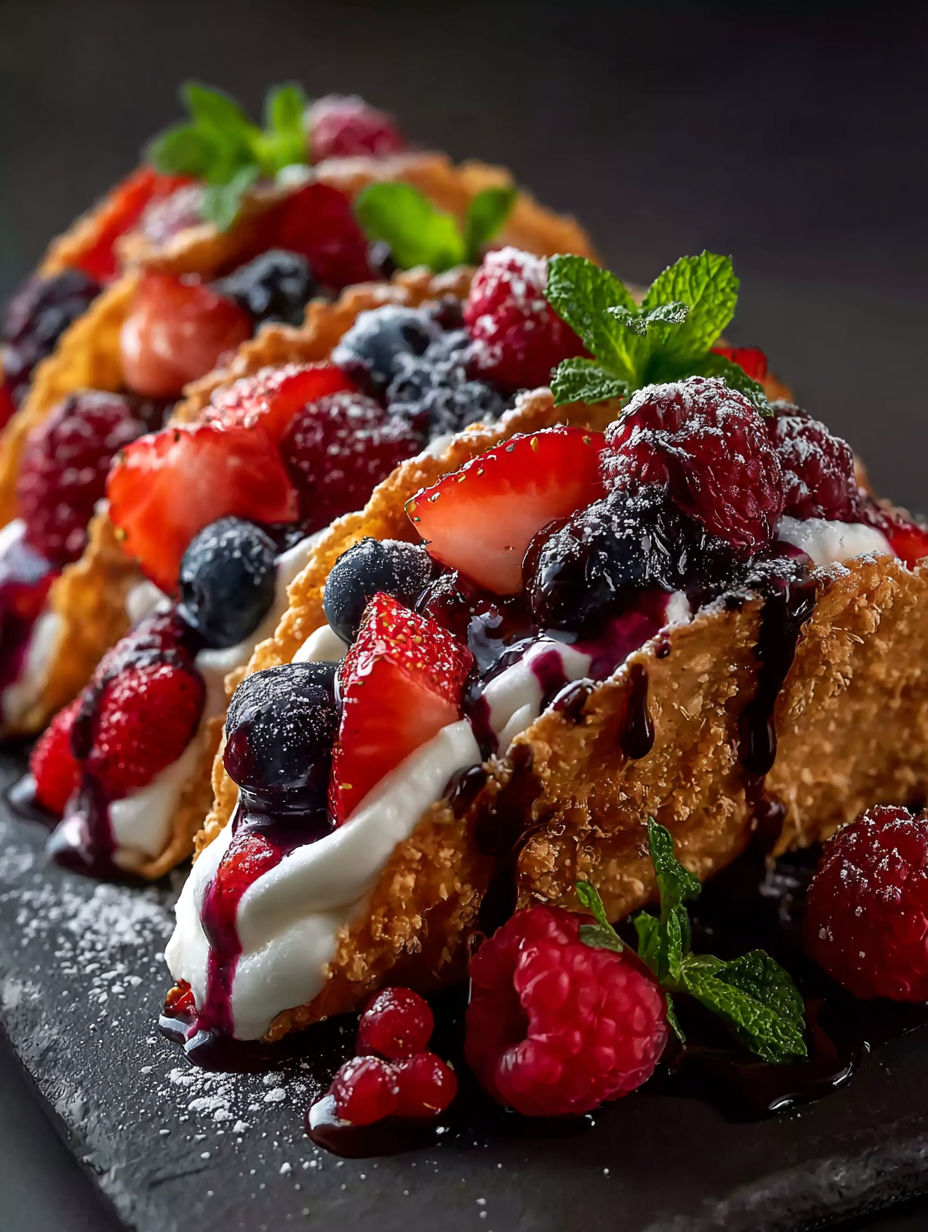 Close-up of berry-filled cheesecake taco.