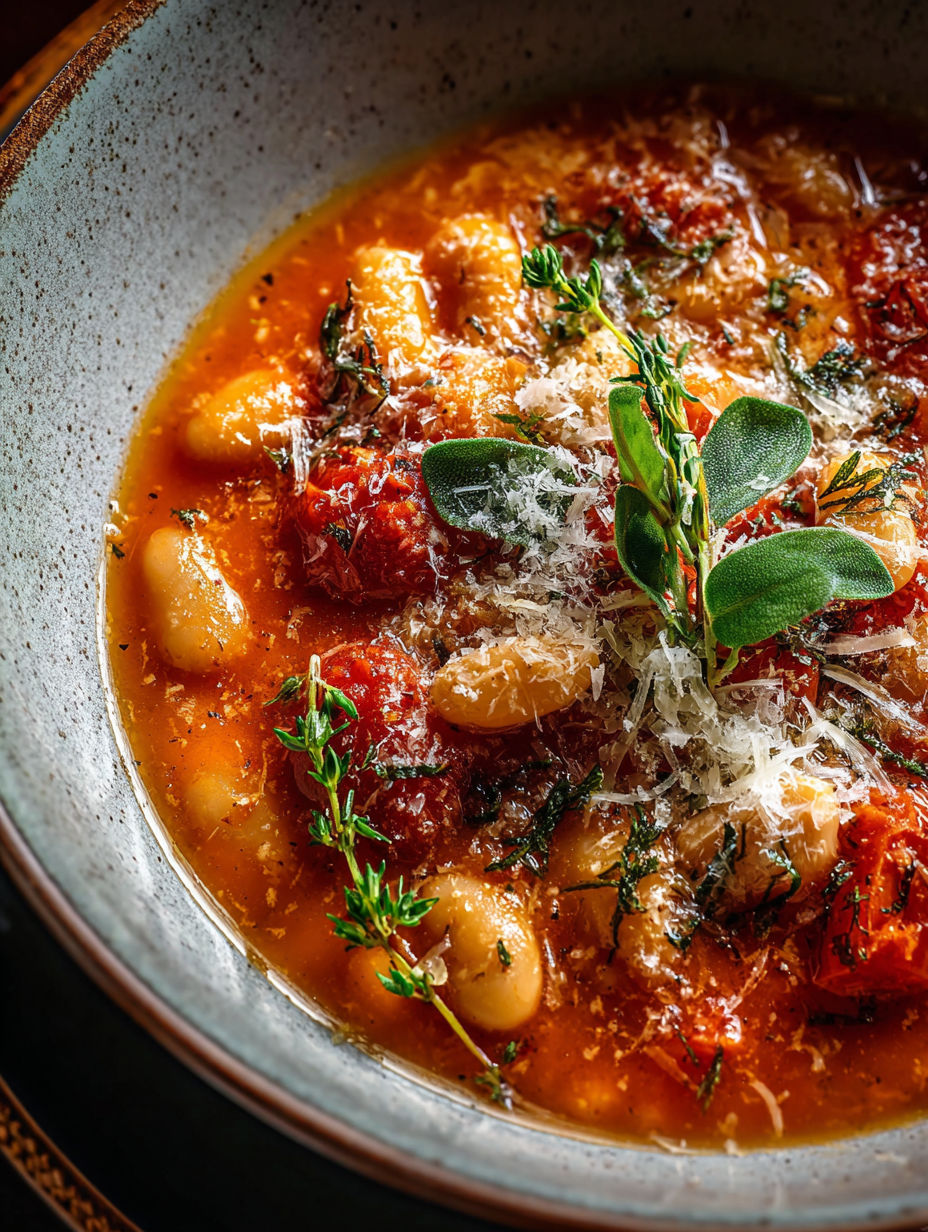 Soup bowl filled with Parmesan, tomatoes, beans, and herbs.