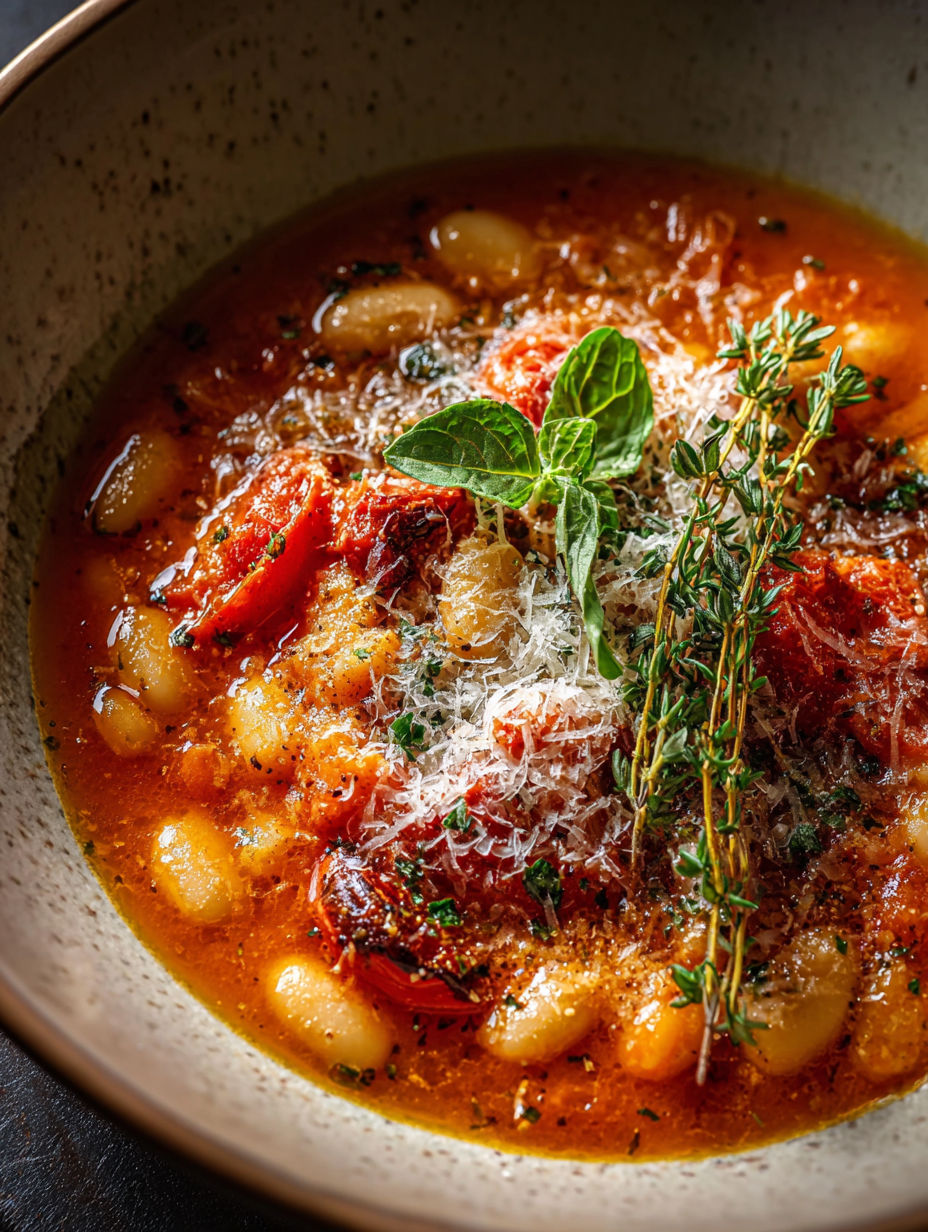 Tomato, bean, and Parmesan soup in a bowl.