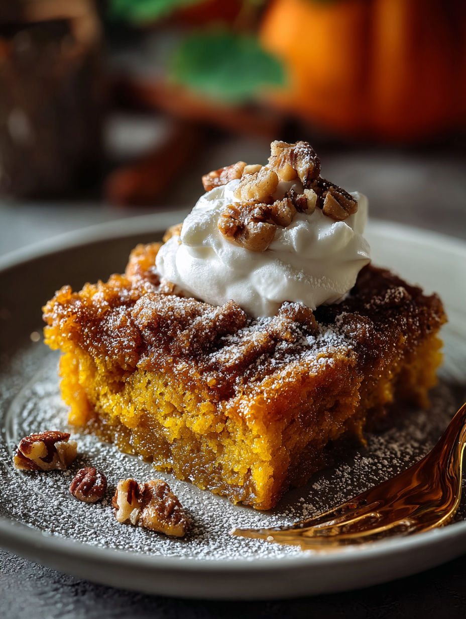 Slice of pumpkin cake topped with whipped cream.