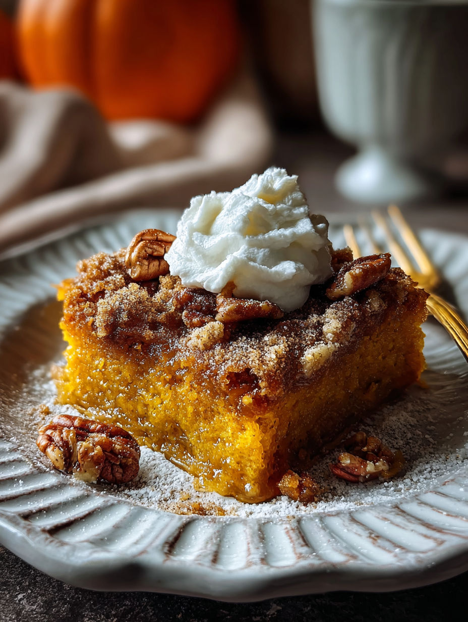 A slice of pumpkin cake with whipped cream on top.