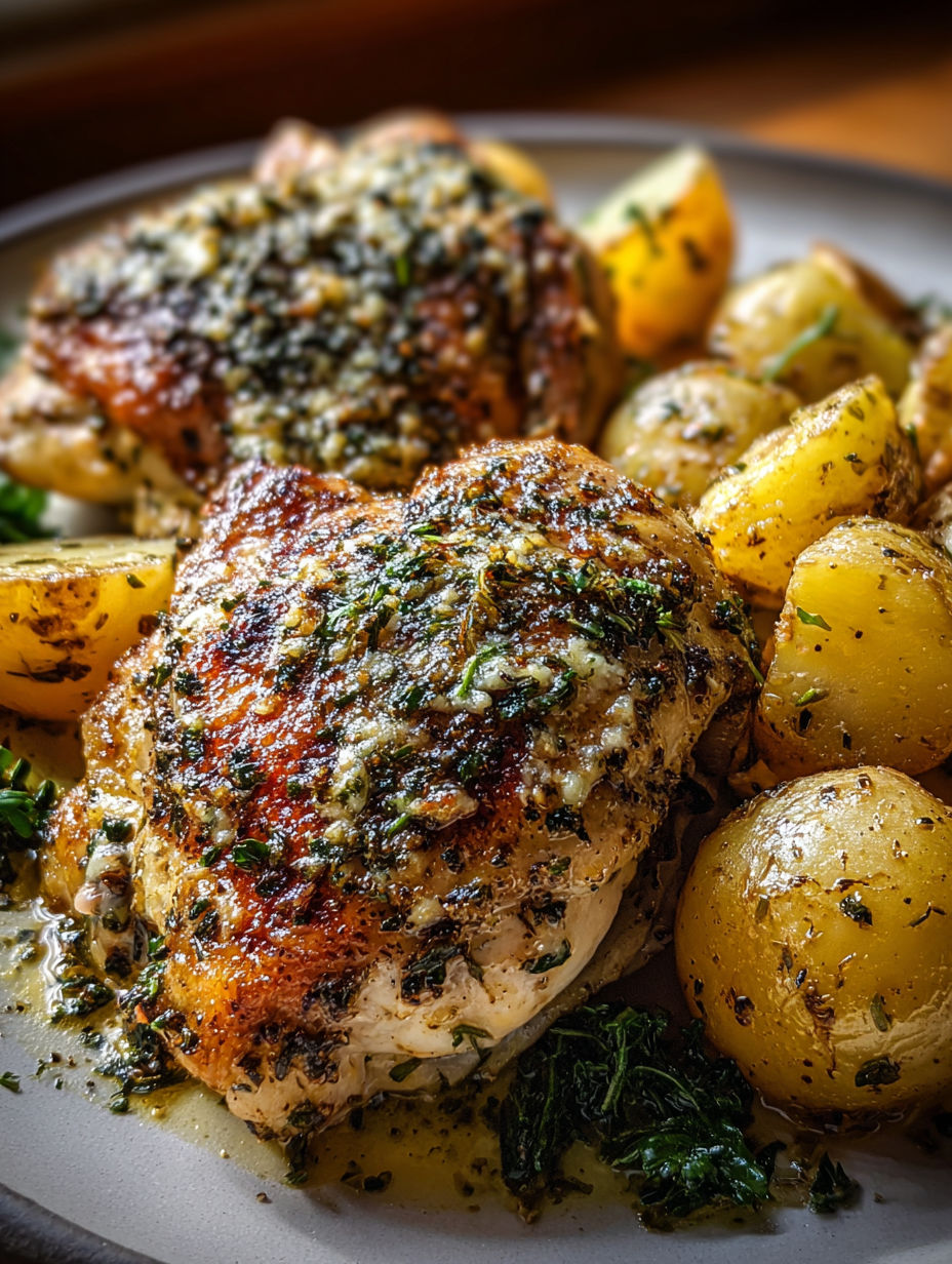 A plate showing chicken and potatoes topped with garlic and Parmesan cheese.