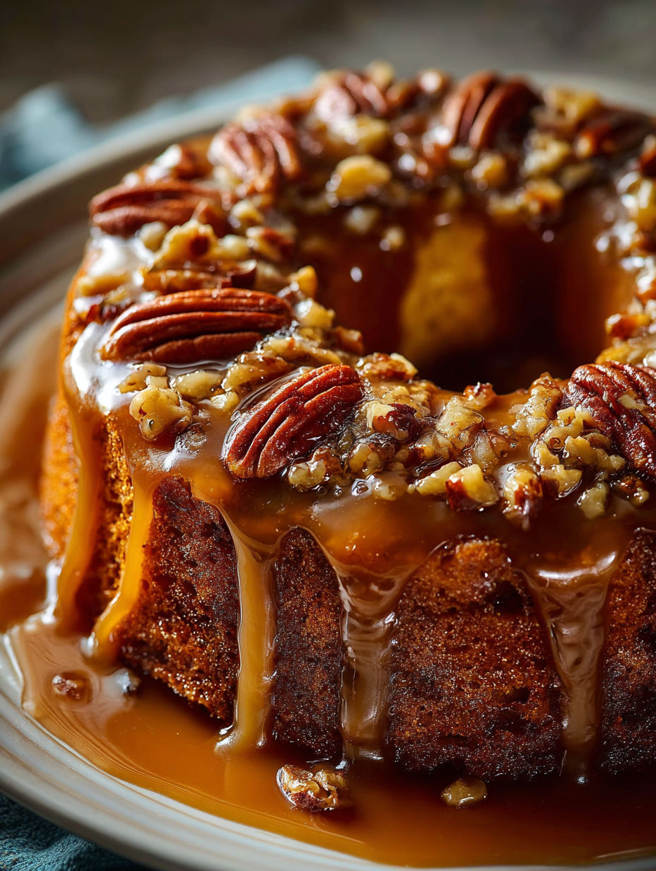 Slice of pecan cake topped with caramel.