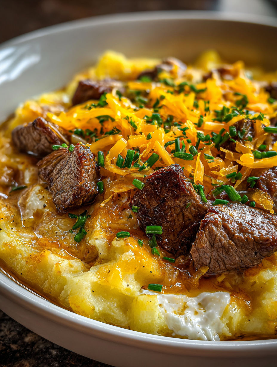 Close-up image showing a slow cooker loaded with steak and cheddar potato layers.