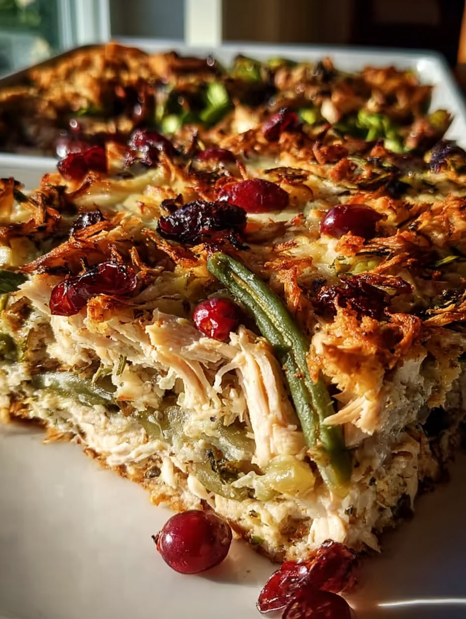 Casserole topped with cherries and green beans.