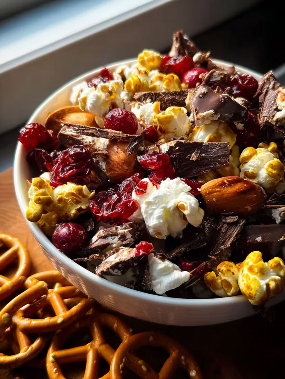 A bowl of popcorn, candy, and nuts.