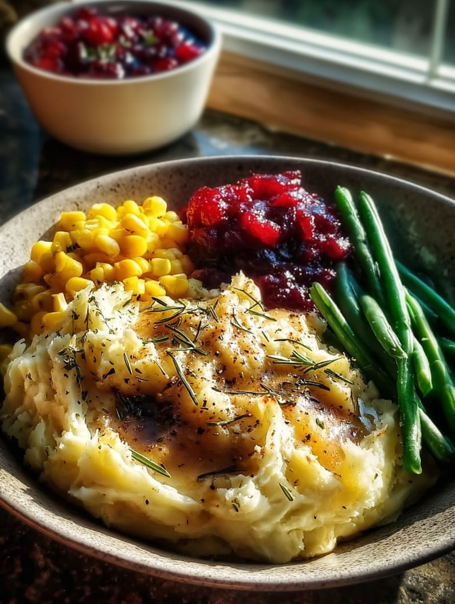 A bowl of mashed potatoes with herbs on top.
