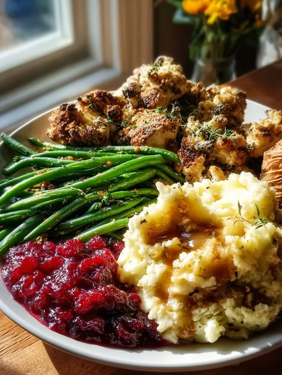 A plate of food with green beans, mashed potatoes, and cranberry sauce.
