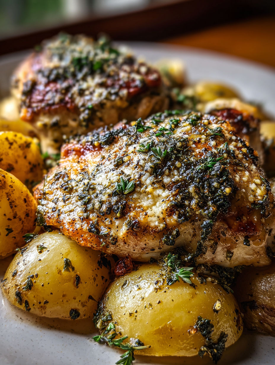 Plate of chicken and potatoes covered in garlic Parmesan sauce.