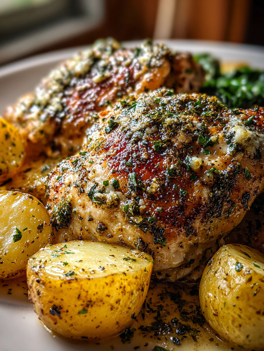 Chicken and potatoes served with garlic and Parmesan cheese.