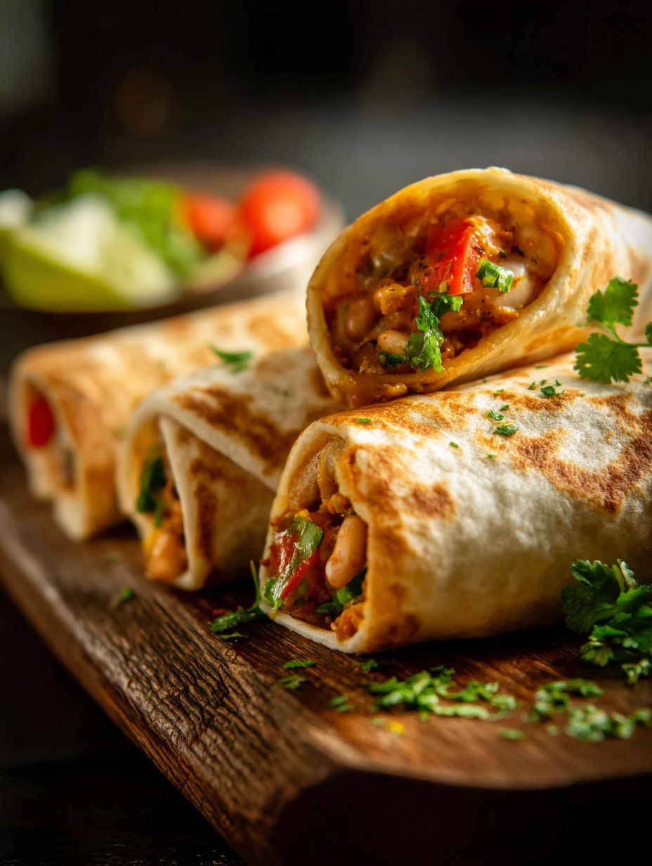 A plate of bean burritos.