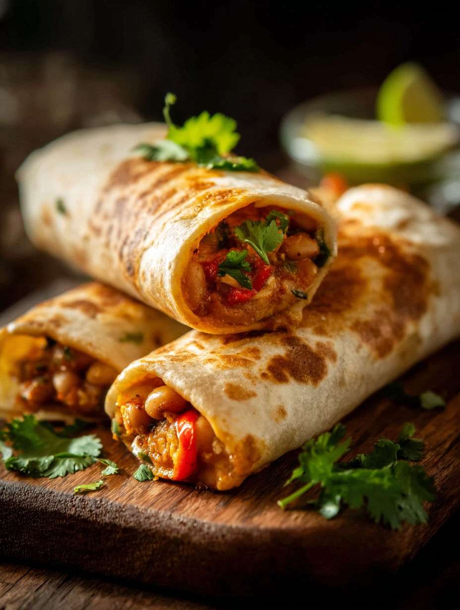 Two bean burritos on a wooden table.