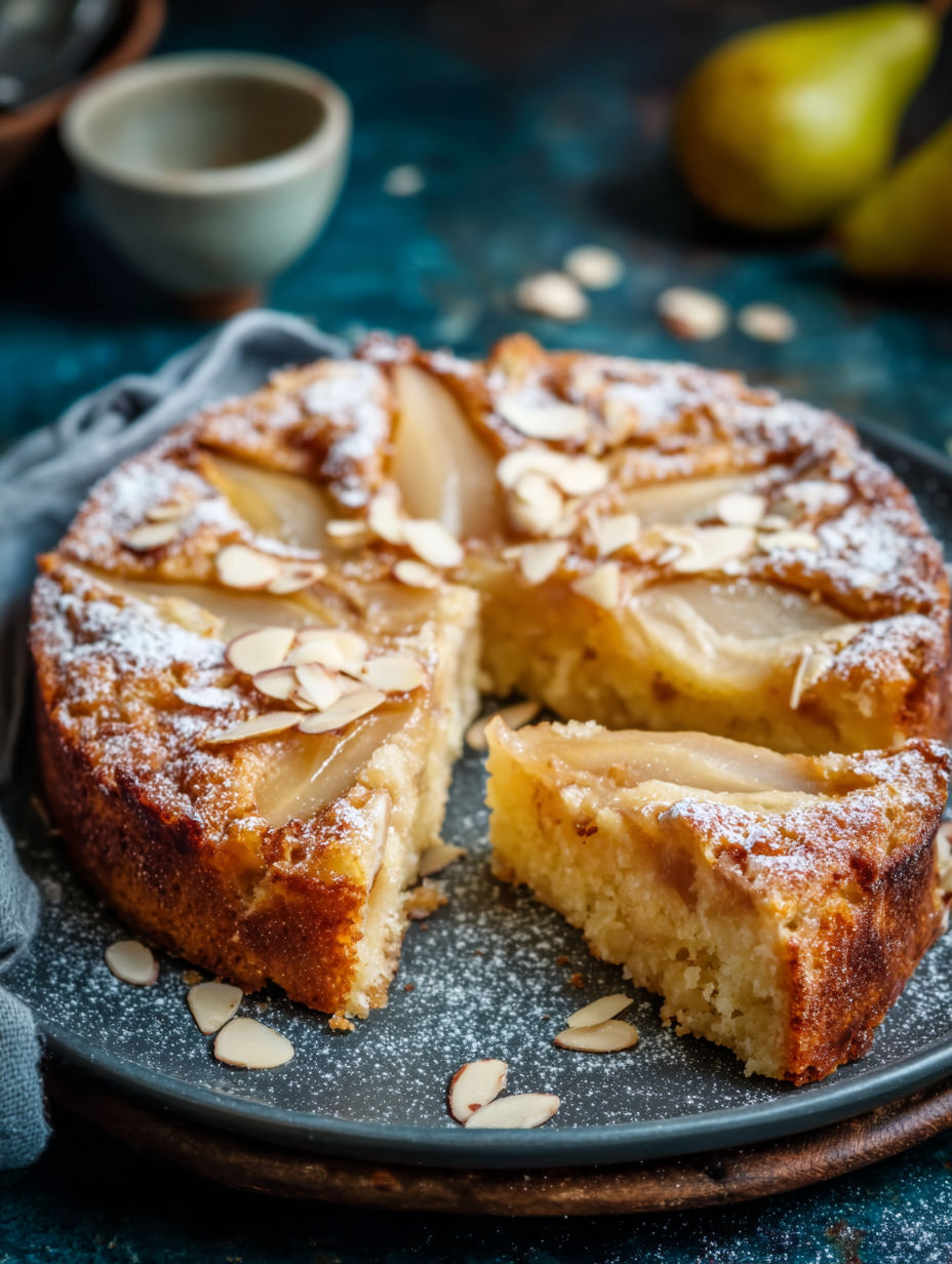 A slice of pear and almond breakfast cake.