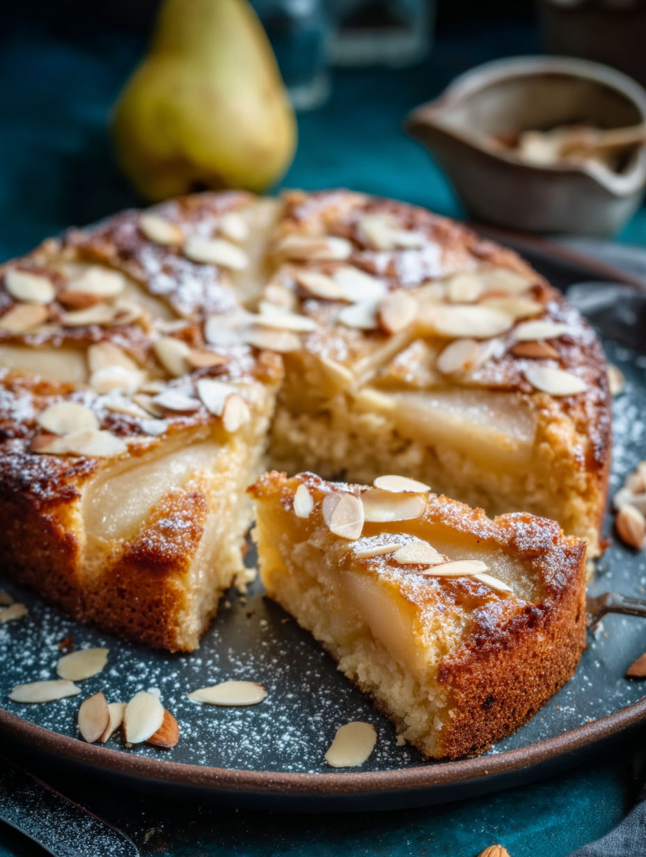A slice of pear and almond breakfast cake.