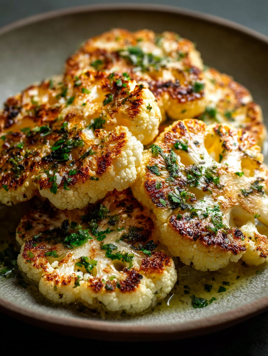 A plate of cauliflower steaks with herbs on top.