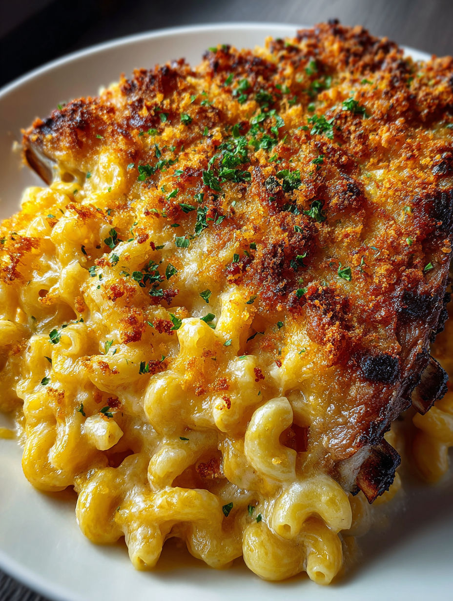 Close-up shot of rib cage mac and cheese.