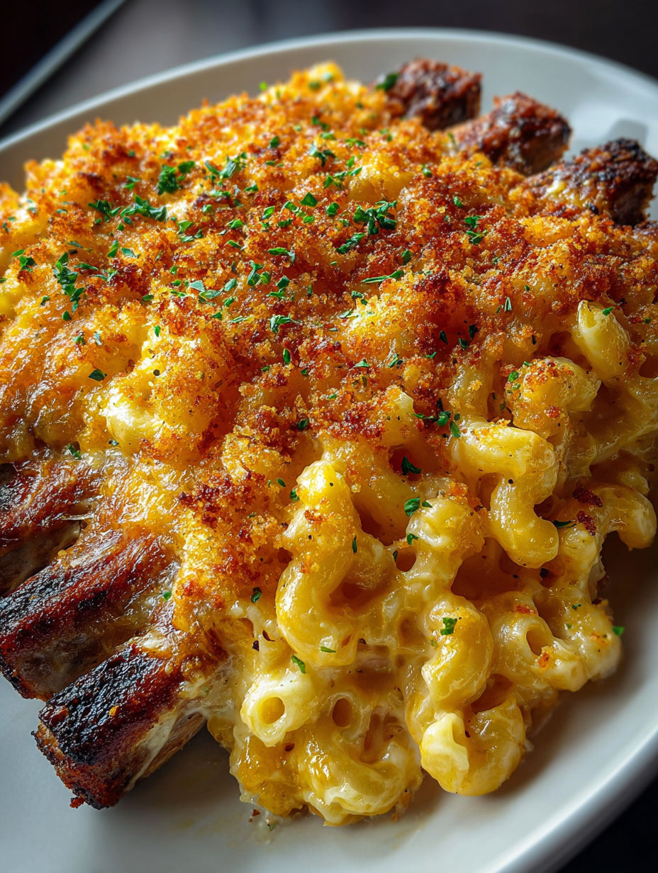 Plate showing mac and cheese topped with ribs.