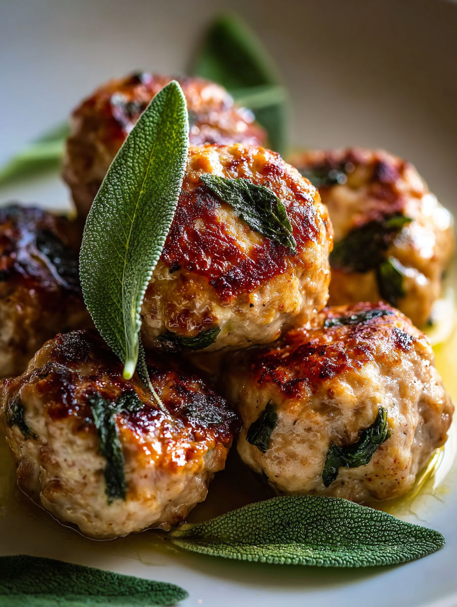 Plate of meatballs topped with sage leaves.