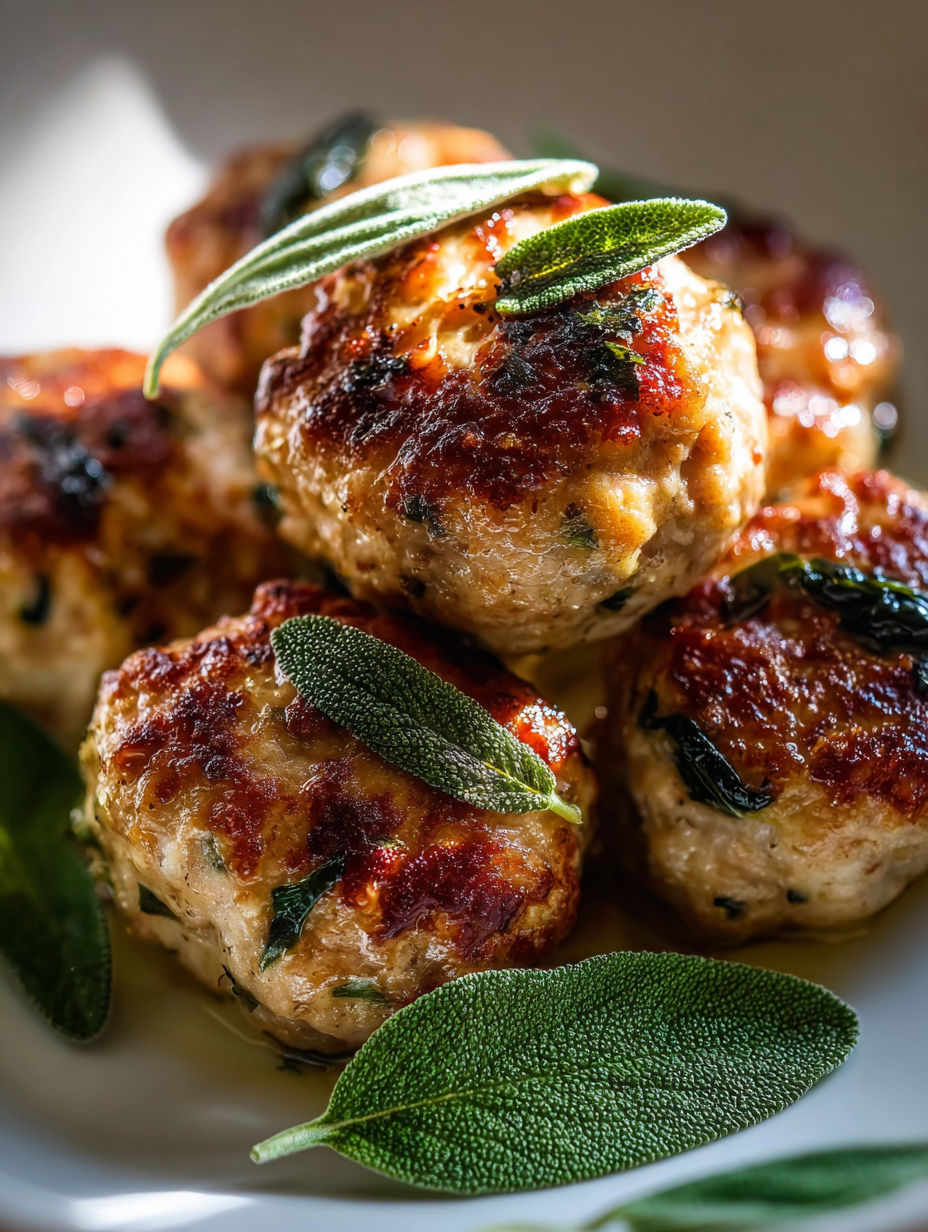 Meatballs served with sage and apple toppings.