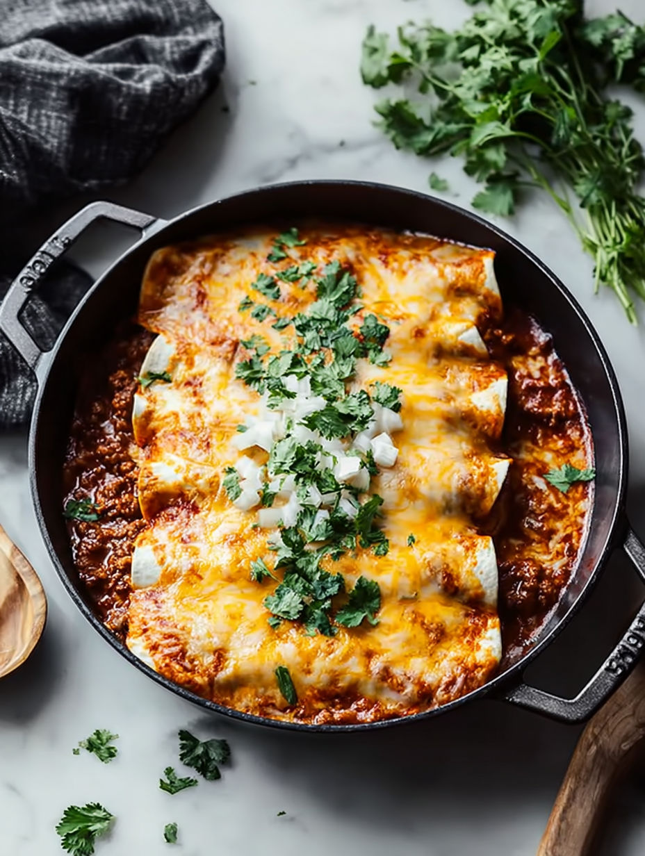 Pan full of beef enchiladas.