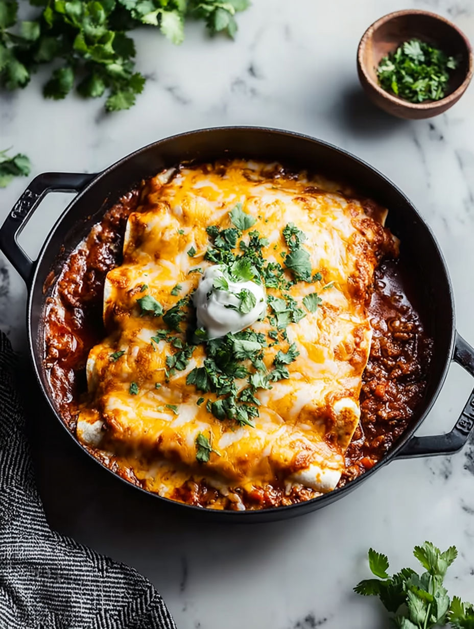 A pan of ground beef enchiladas.