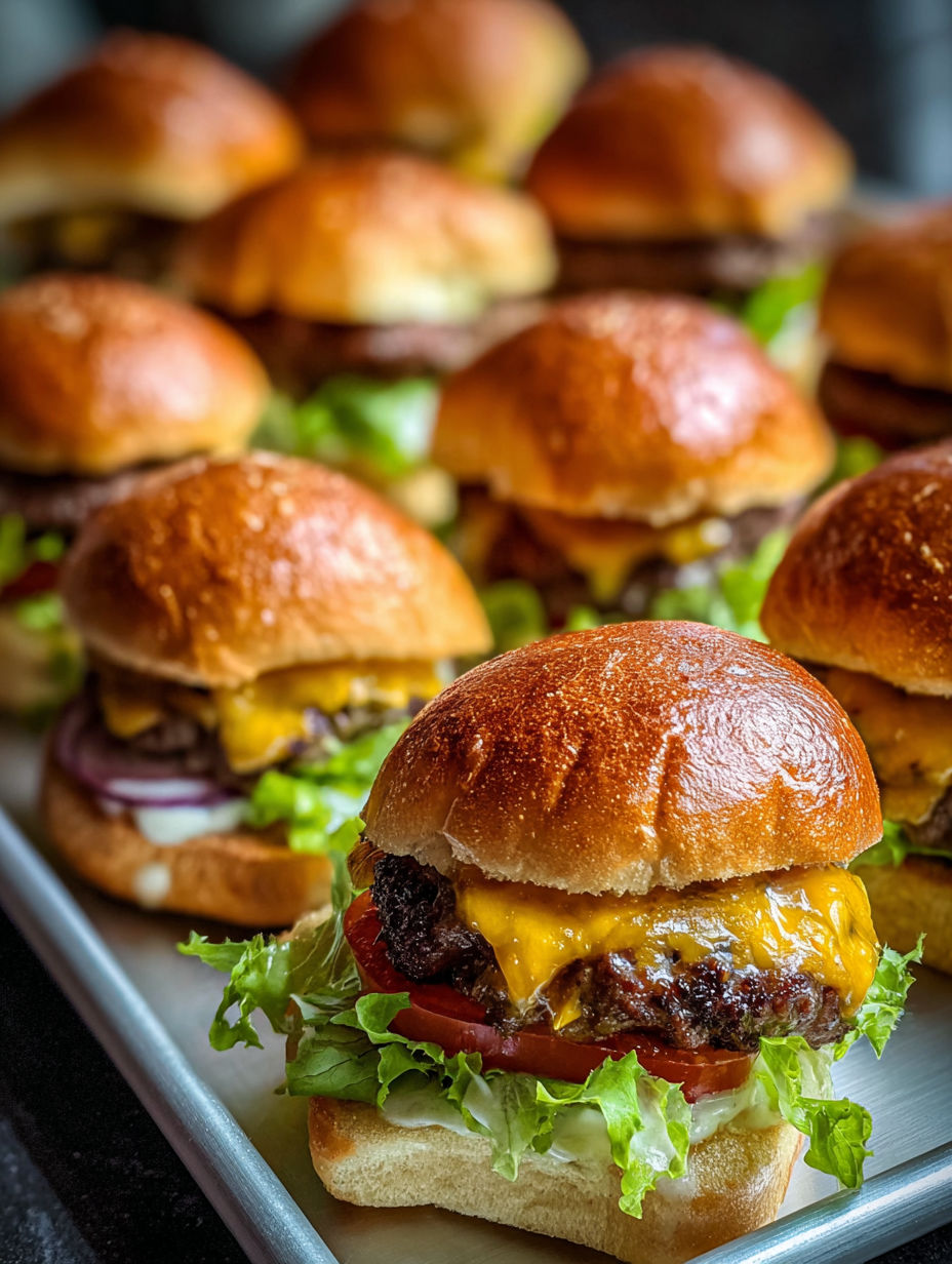 A tray of burger sliders on a white plate.