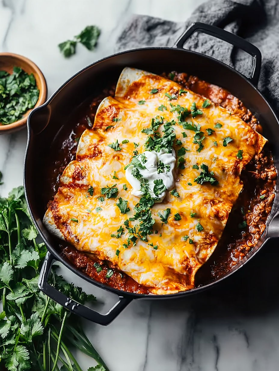 A delicious meal of ground beef enchiladas.