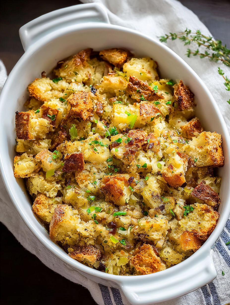 A white bowl filled with Amish potato stuffing.