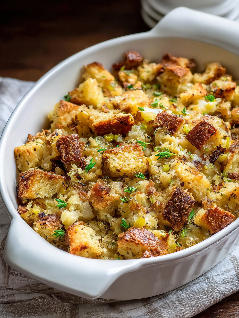 White bowl with creamy Amish potato stuffing