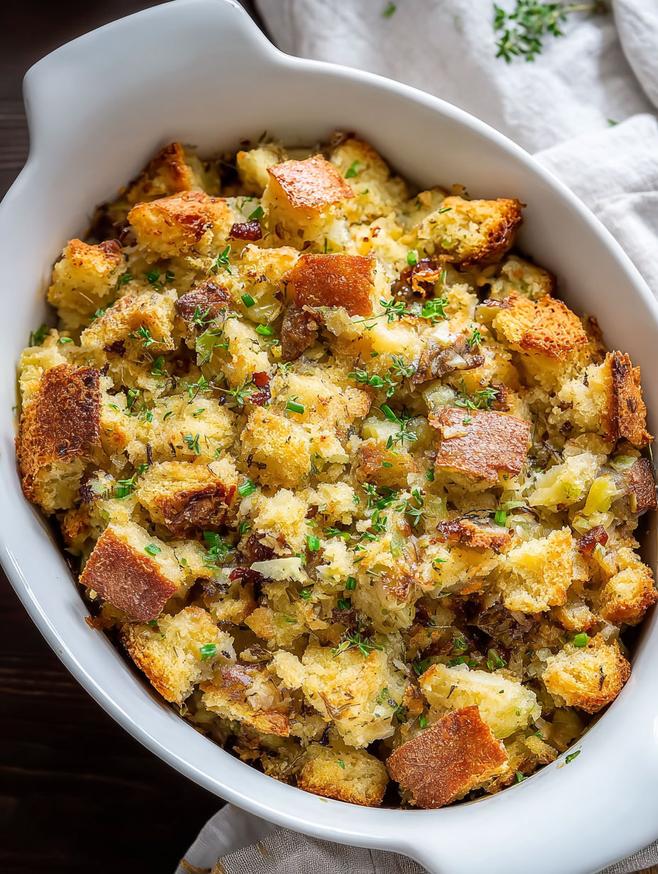 White bowl filled with Amish potato stuffing