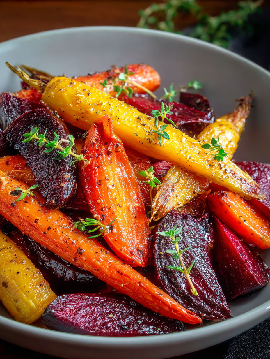 A bowl of honey glazed carrots and beets.