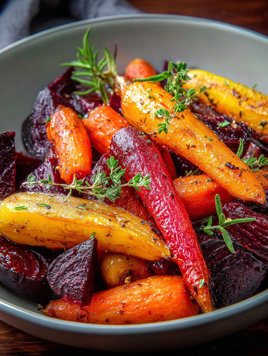 A bowl of honey roasted carrots and beets.