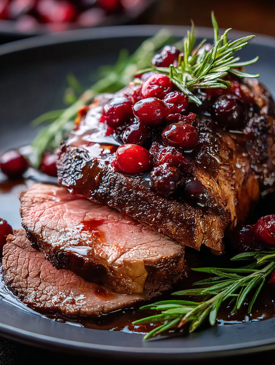Plate of roast beef with balsamic and cranberries