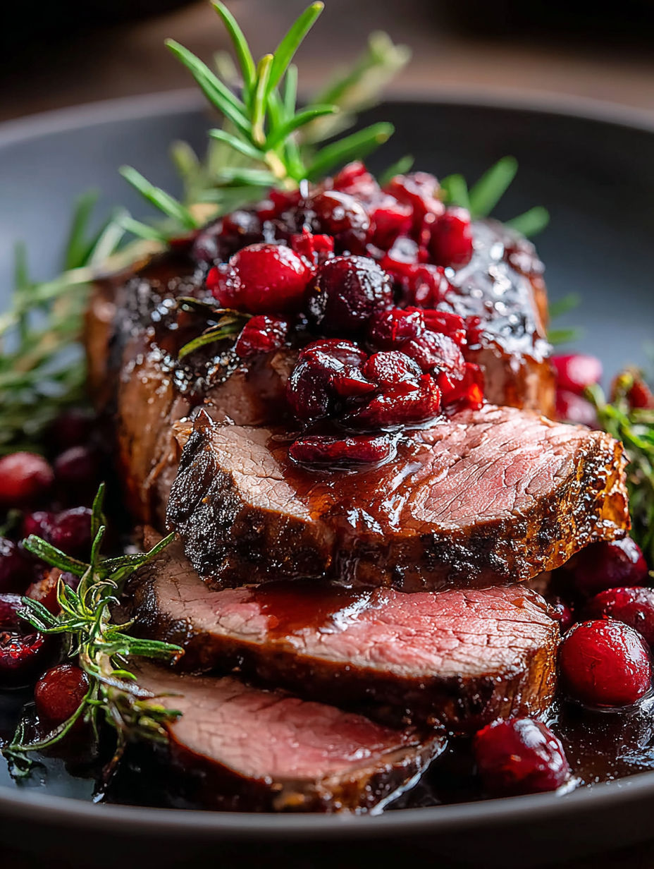 Plate with beef roast and cranberry balsamic sauce.
