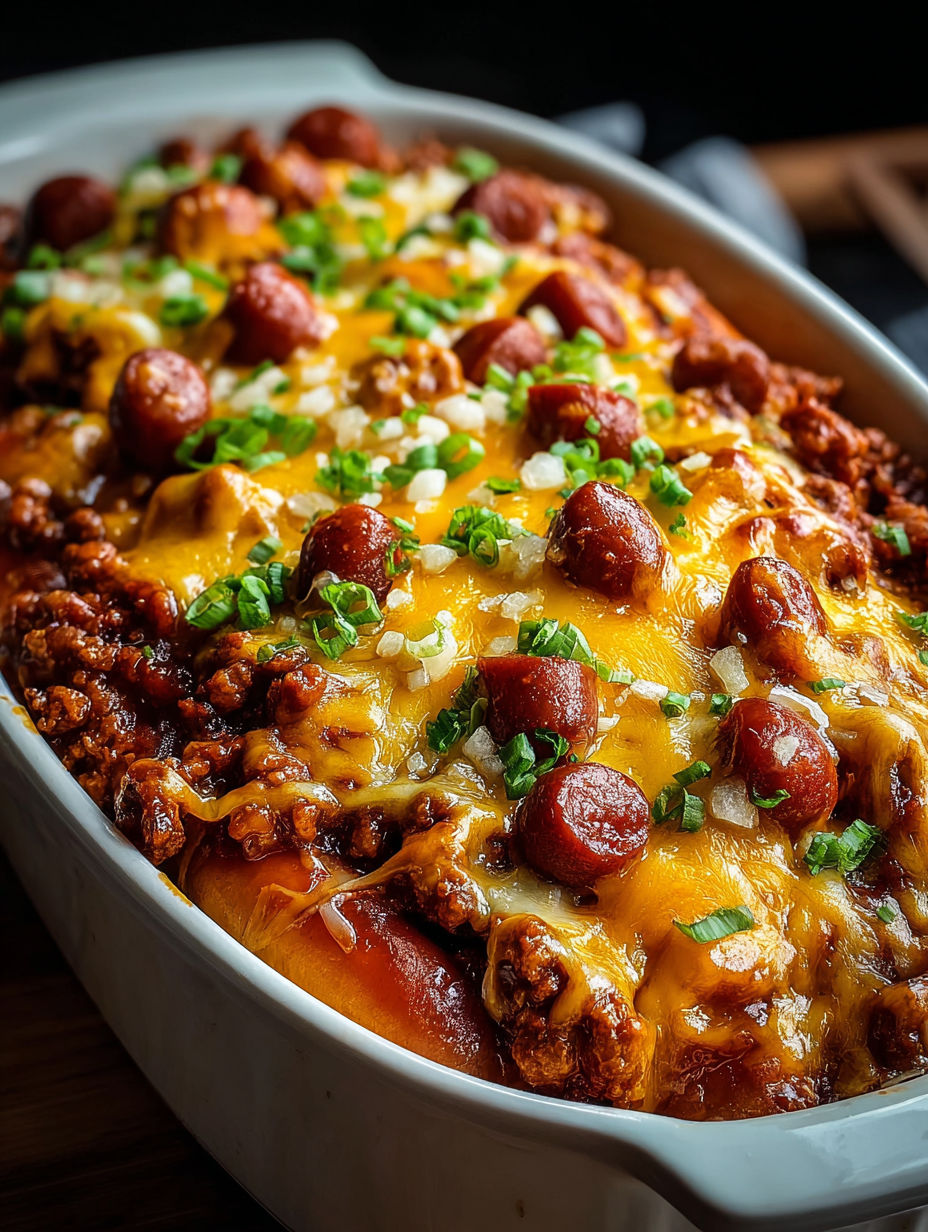 A bowl of cheesy chili dog bake.